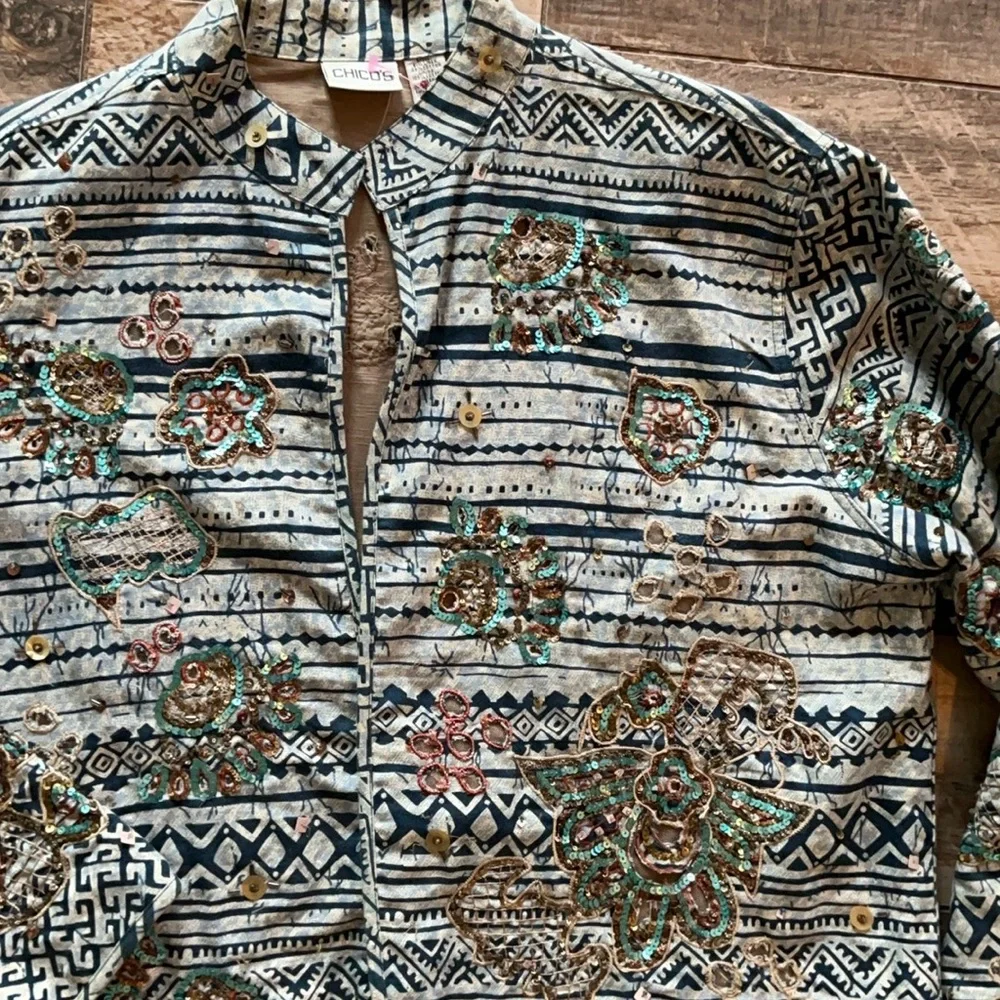 CHICOS‎ SIZE 3  12-14  Embroidered beaded ARTISAN INDIGO Women's Jacket -NWOT